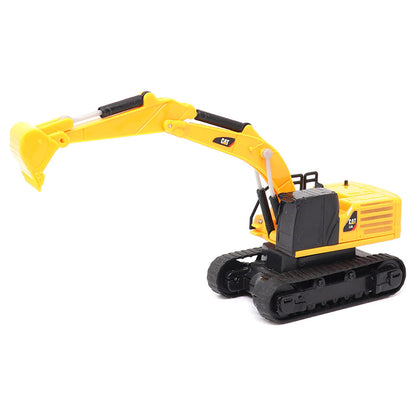 A yellow and black CAT remote controlled toy excavator with a detailed bucket and tracks, photographed on a clean white background.