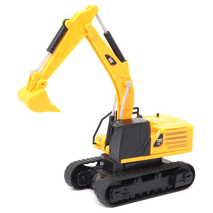 A yellow and black CAT remote controlled toy excavator with a detailed bucket and tracks, photographed on a clean white background.