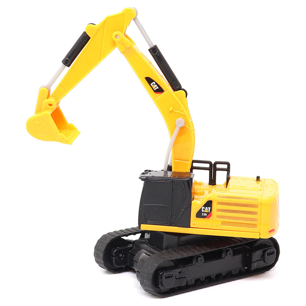 A yellow and black CAT remote controlled toy excavator with a detailed bucket and tracks, photographed on a clean white background.