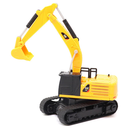 A yellow and black CAT remote controlled toy excavator with a detailed bucket and tracks, photographed on a clean white background.