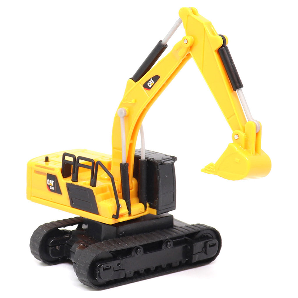 A yellow and black CAT remote controlled toy excavator with a detailed bucket and tracks, photographed on a clean white background.