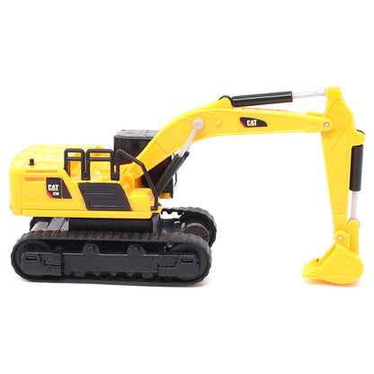 A yellow and black CAT remote controlled toy excavator with a detailed bucket and tracks, photographed on a clean white background.