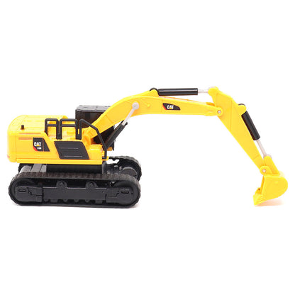 A yellow and black CAT remote controlled toy excavator with a detailed bucket and tracks, photographed on a clean white background.
