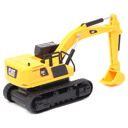 A yellow and black CAT remote controlled toy excavator with a detailed bucket and tracks, photographed on a clean white background.