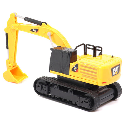 A yellow and black CAT remote controlled toy excavator with a detailed bucket and tracks, photographed on a clean white background.