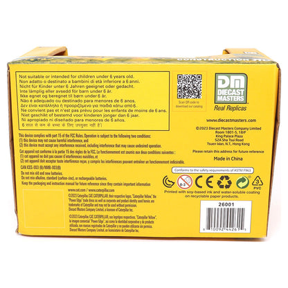 CAT brand yellow and black remote control excavator toy in its original yellow retail packaging, featuring a 6+ age rating and construction-themed graphics.