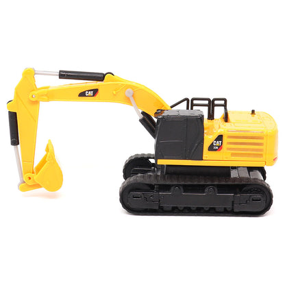 A yellow and black CAT remote controlled toy excavator with a detailed bucket and tracks, photographed on a clean white background.