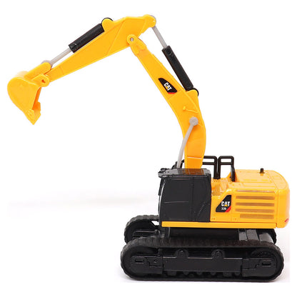 A yellow and black CAT remote controlled toy excavator with a detailed bucket and tracks, photographed on a clean white background.