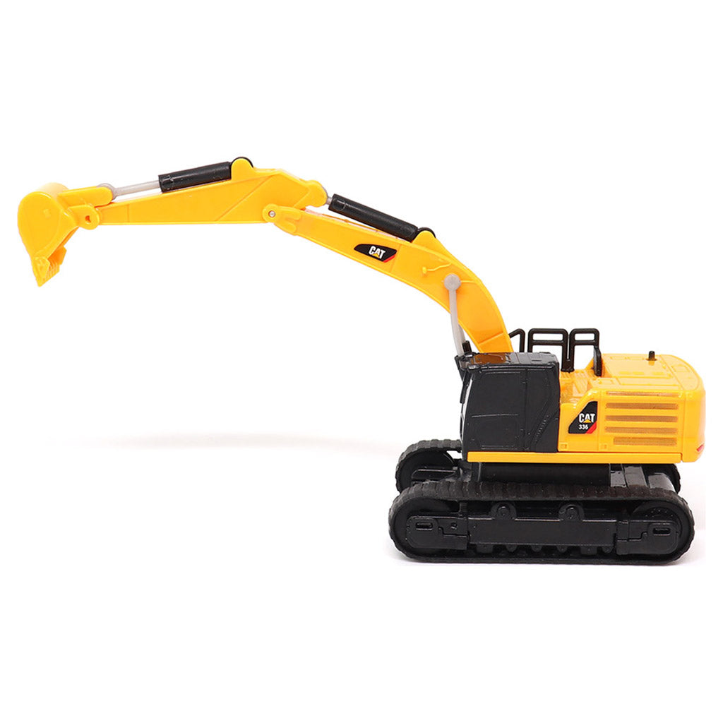 A yellow and black CAT remote controlled toy excavator with a detailed bucket and tracks, photographed on a clean white background.
