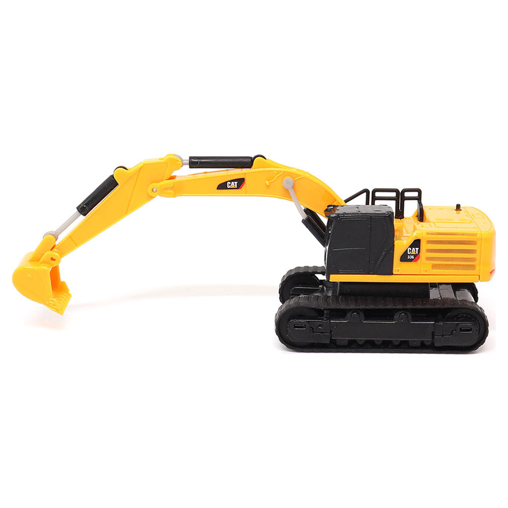 A yellow and black CAT remote controlled toy excavator with a detailed bucket and tracks, photographed on a clean white background.