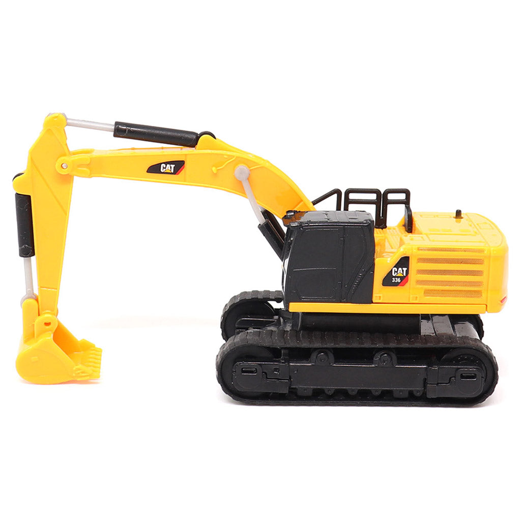 A yellow and black CAT remote controlled toy excavator with a detailed bucket and tracks, photographed on a clean white background.