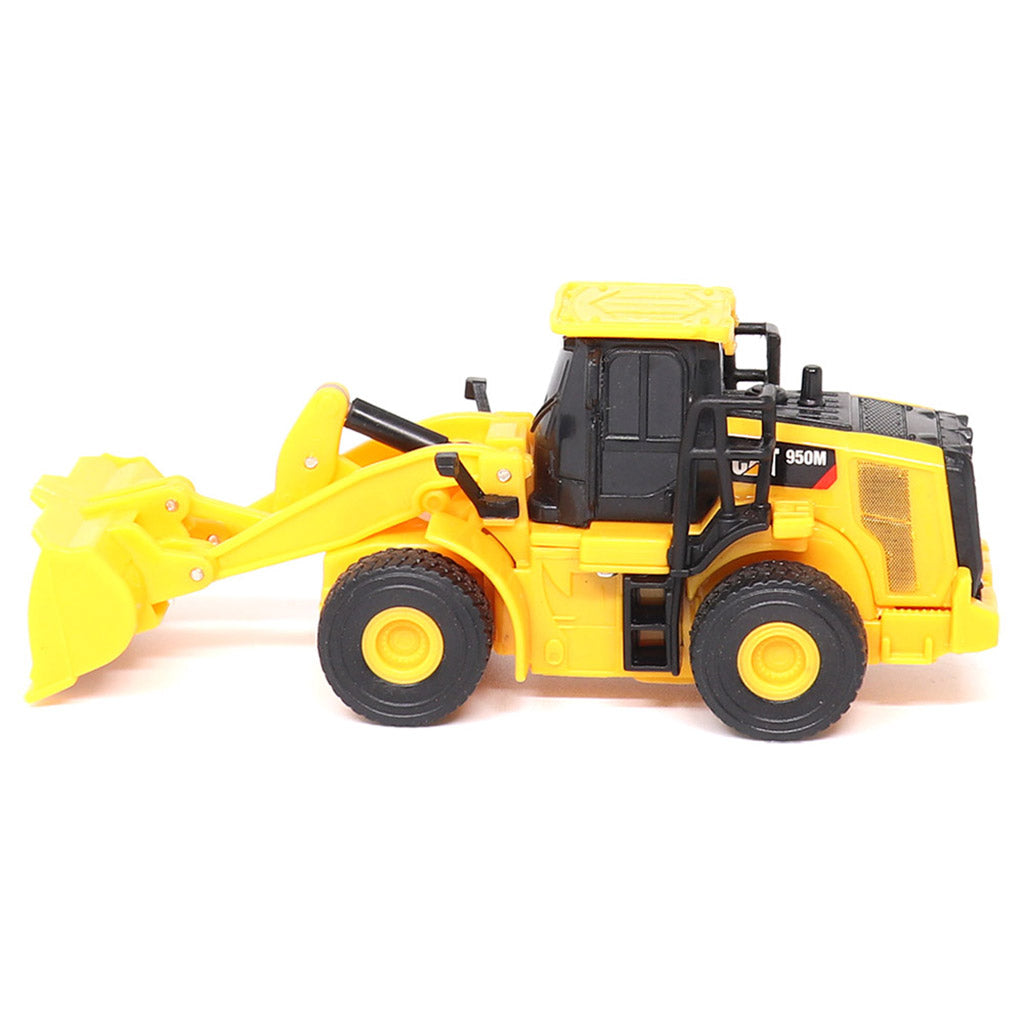 1:64th Scale Radio Controlled Model of a Yellow & Black Caterpillar 950M Wheel Loader on a White Background