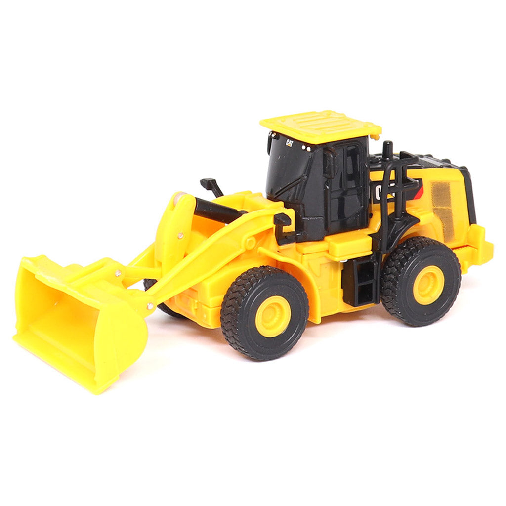 1:64th Scale Radio Controlled Model of a Yellow & Black Caterpillar 950M Wheel Loader on a White Background
