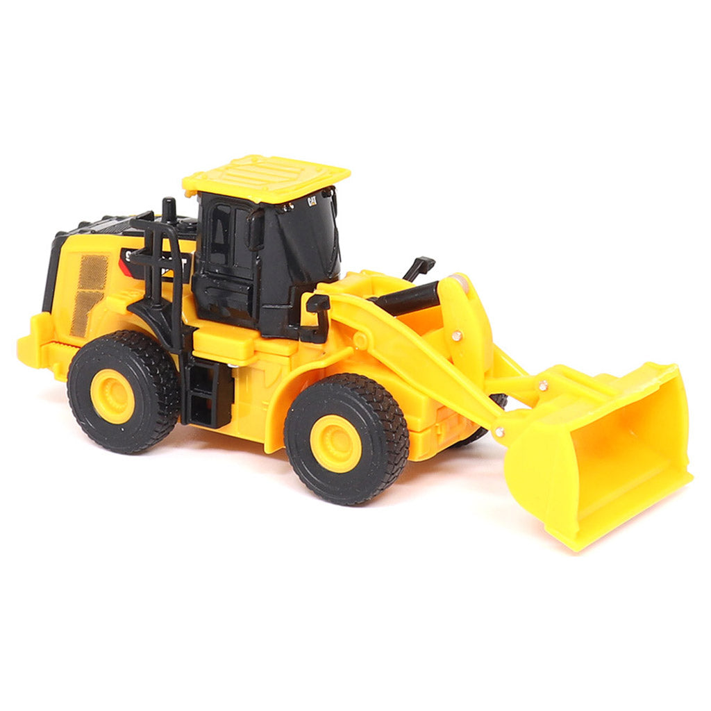 1:64th Scale Radio Controlled Model of a Yellow & Black Caterpillar 950M Wheel Loader on a White Background
