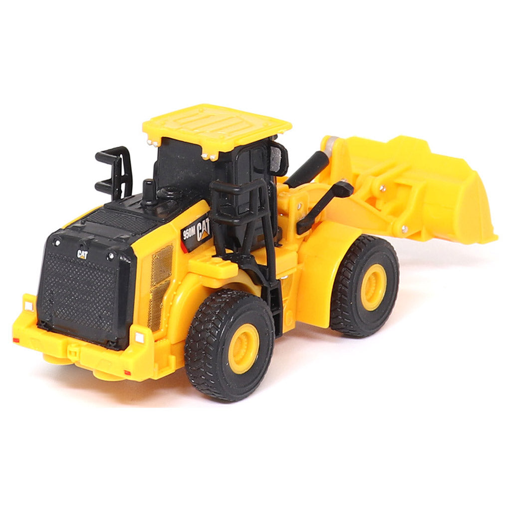 1:64th Scale Radio Controlled Model of a Yellow & Black Caterpillar 950M Wheel Loader on a White Background