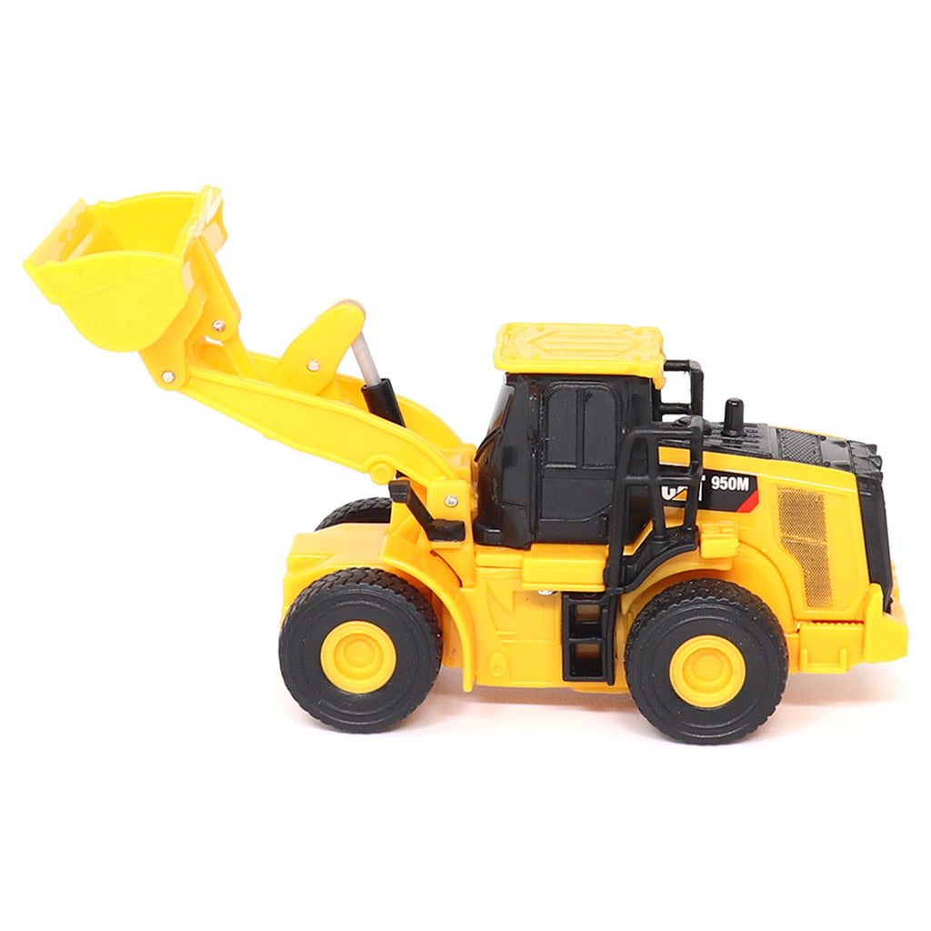 1:64th Scale Radio Controlled Model of a Yellow & Black Caterpillar 950M Wheel Loader on a White Background