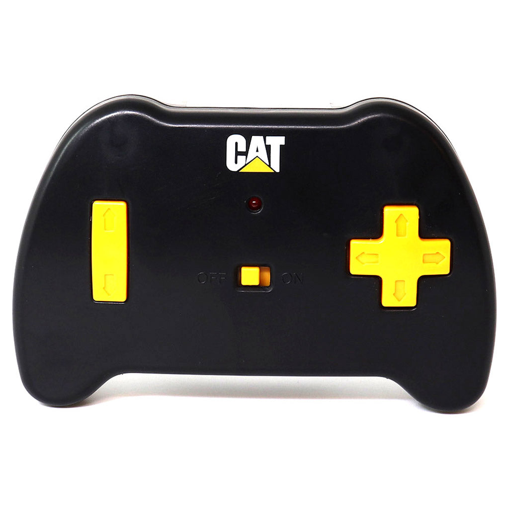 A black CAT-branded remote control with yellow buttons and a yellow switch, photographed against a plain white background.