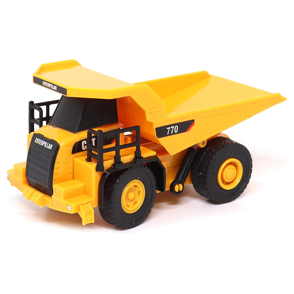 1:64th Scale Radio Controlled Model of a CAT Yellow Caterpillar 770 Off-Highway Dump Truck on a White Background