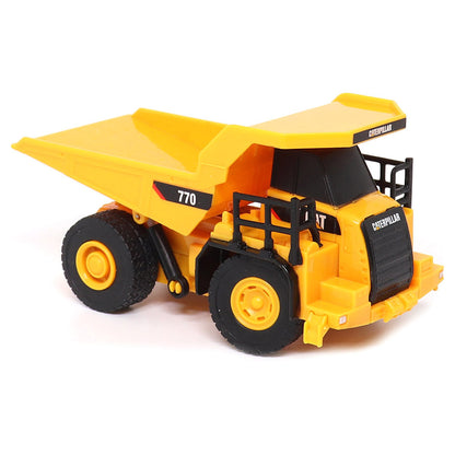 1:64th Scale Radio Controlled Model of a CAT Yellow Caterpillar 770 Off-Highway Dump Truck on a White Background