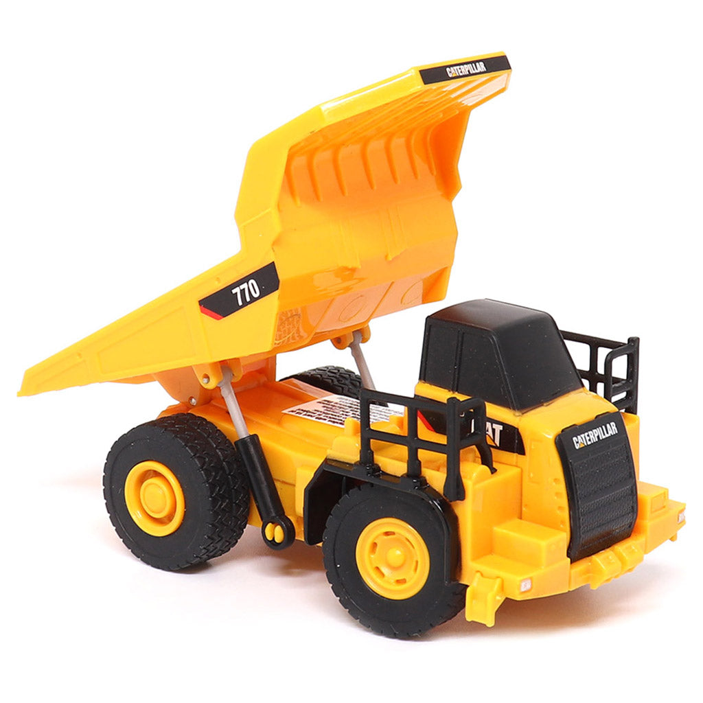 1:64th Scale Radio Controlled Model of a CAT Yellow Caterpillar 770 Off-Highway Dump Truck on a White Background