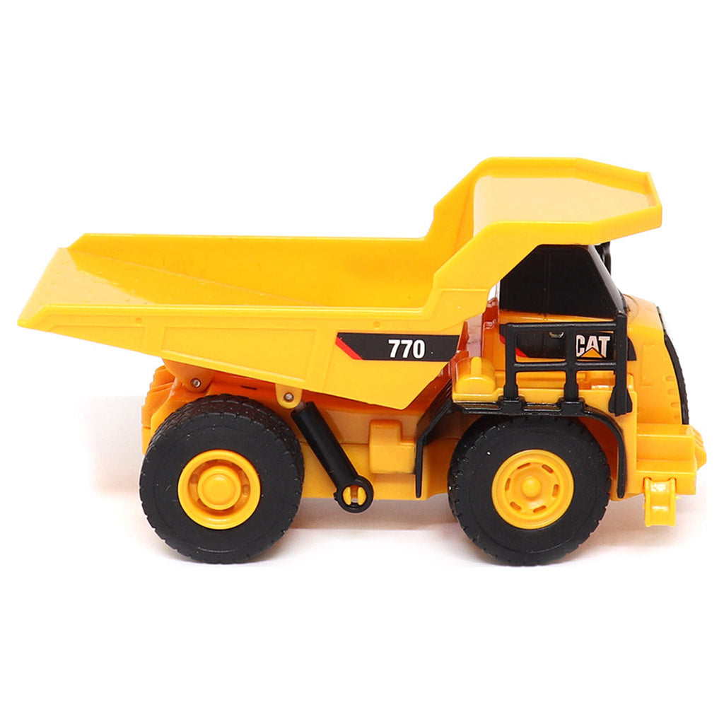 1:64th Scale Radio Controlled Model of a CAT Yellow Caterpillar 770 Off-Highway Dump Truck on a White Background