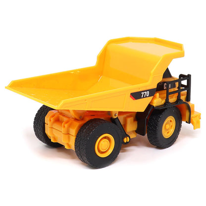 1:64th Scale Radio Controlled Model of a CAT Yellow Caterpillar 770 Off-Highway Dump Truck on a White Background