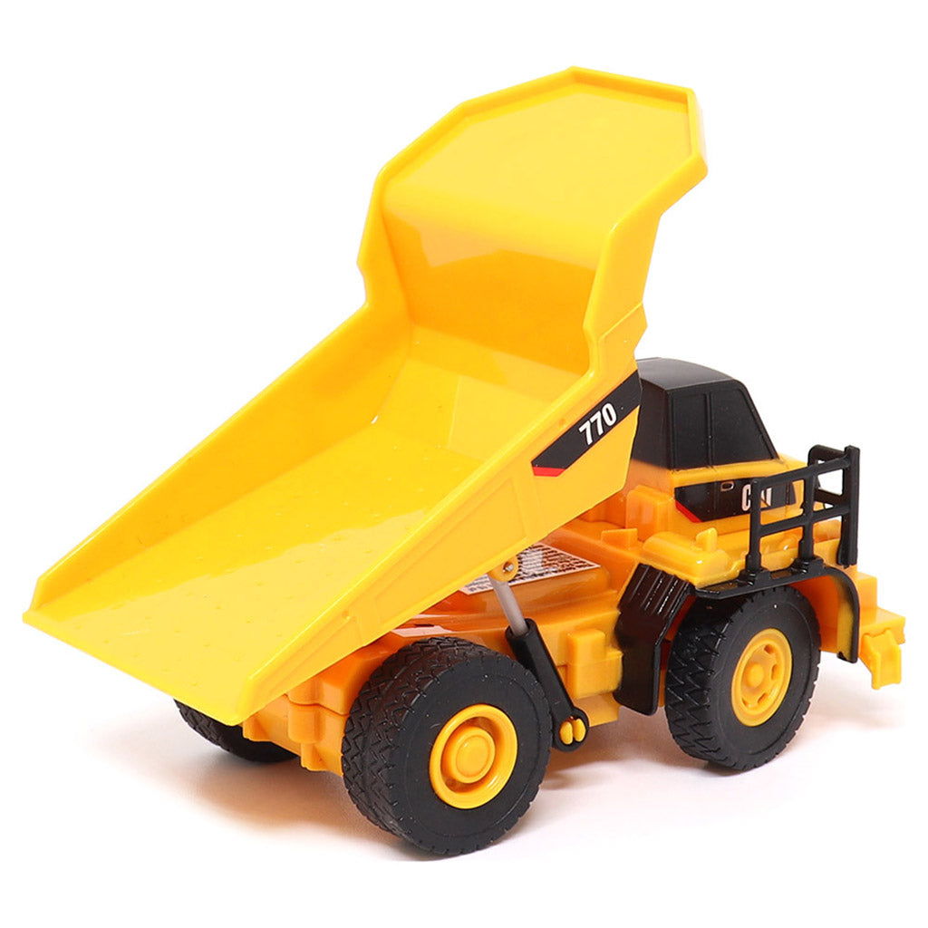 1:64th Scale Radio Controlled Model of a CAT Yellow Caterpillar 770 Off-Highway Dump Truck on a White Background