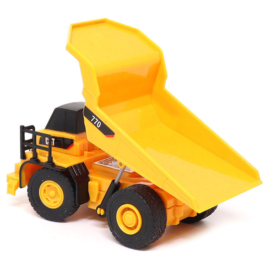 1:64th Scale Radio Controlled Model of a CAT Yellow Caterpillar 770 Off-Highway Dump Truck on a White Background