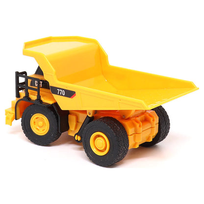 1:64th Scale Radio Controlled Model of a CAT Yellow Caterpillar 770 Off-Highway Dump Truck on a White Background