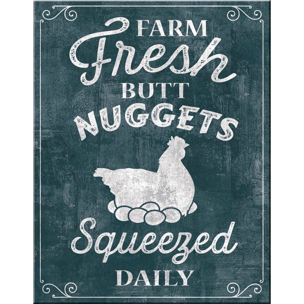 Vintage-style sign with a chicken and text on a dark background