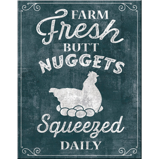Vintage-style sign with a chicken and text on a dark background