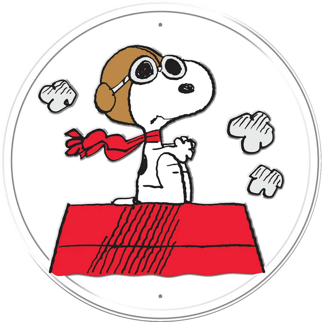 Round Sign with Snoopy as the Red Baron Sitting on Top of His Dog House Flying Through the Clouds on a White Background