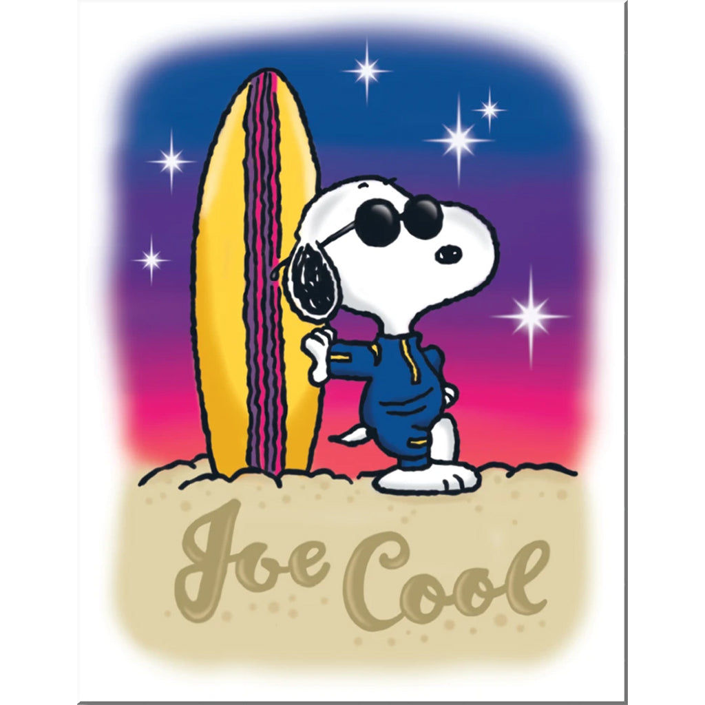 Tin Sign with a Printing of Snoopy Wearing Sunglasses and Wet Suit Leaning Against a Surfboard on the Beach with a Twilight Sky In the Background and the Text Joe Cool in the Sand