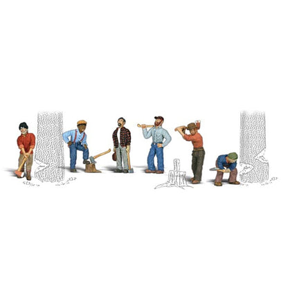 Model figures of lumberjacks in a forest setting with trees and ground.