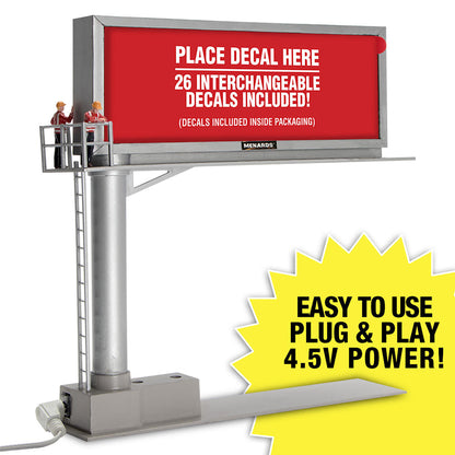 Model billboard with a red sign and text, featuring interchangeable decals and plug-and-play features.