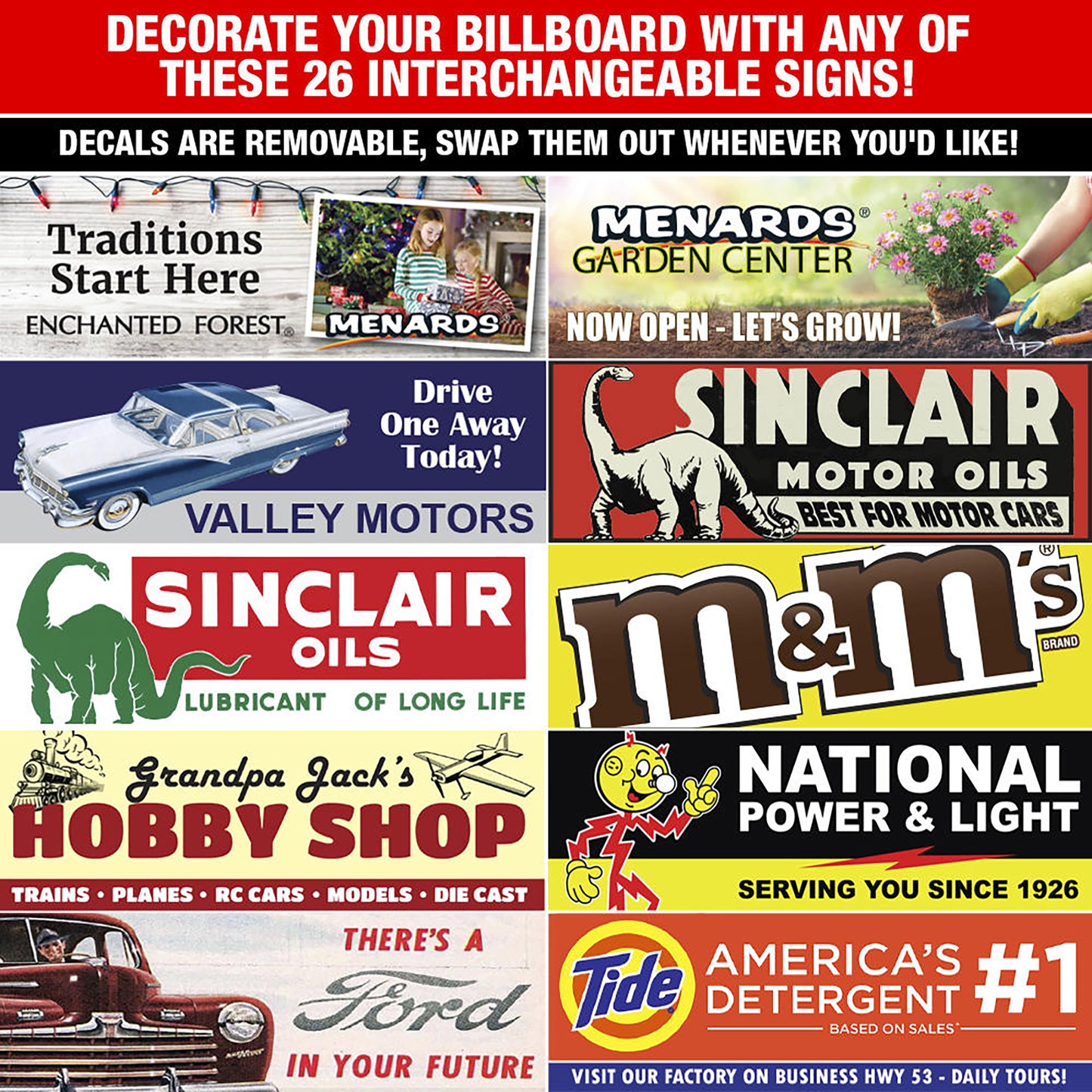 Collection of interchangeable vintage-style signs with various brands and advertisements.