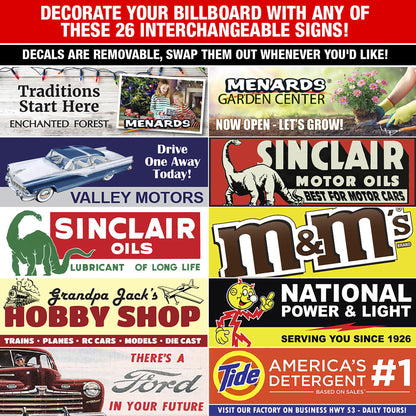 Collection of interchangeable vintage-style signs with various brands and advertisements.