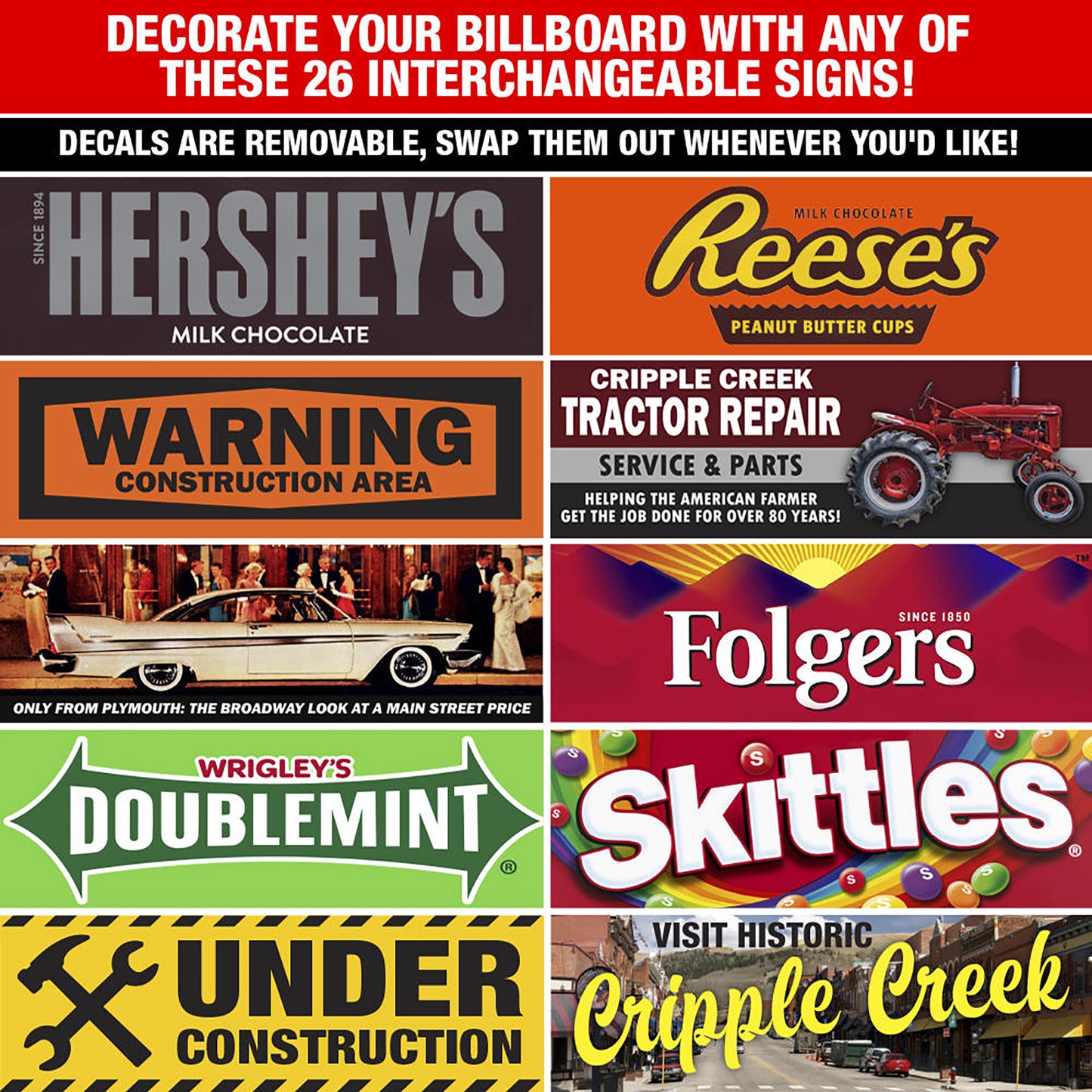 Collection of interchangeable signs featuring various brands and messages.