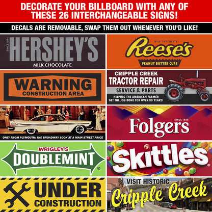 Collection of interchangeable signs featuring various brands and messages.