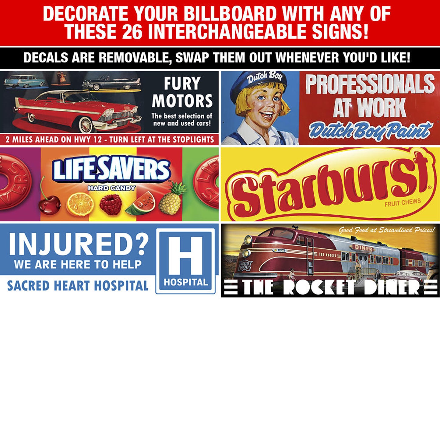 Collection of interchangeable billboard signs with various brands and messages.