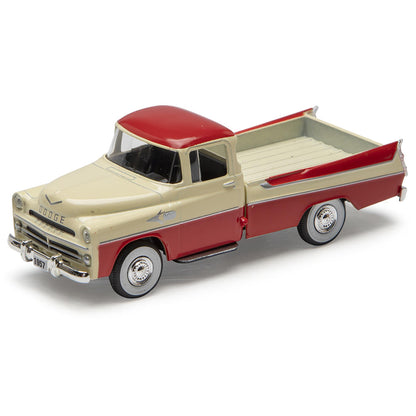 Model of a vintage truck with beige body and red roof on a white background