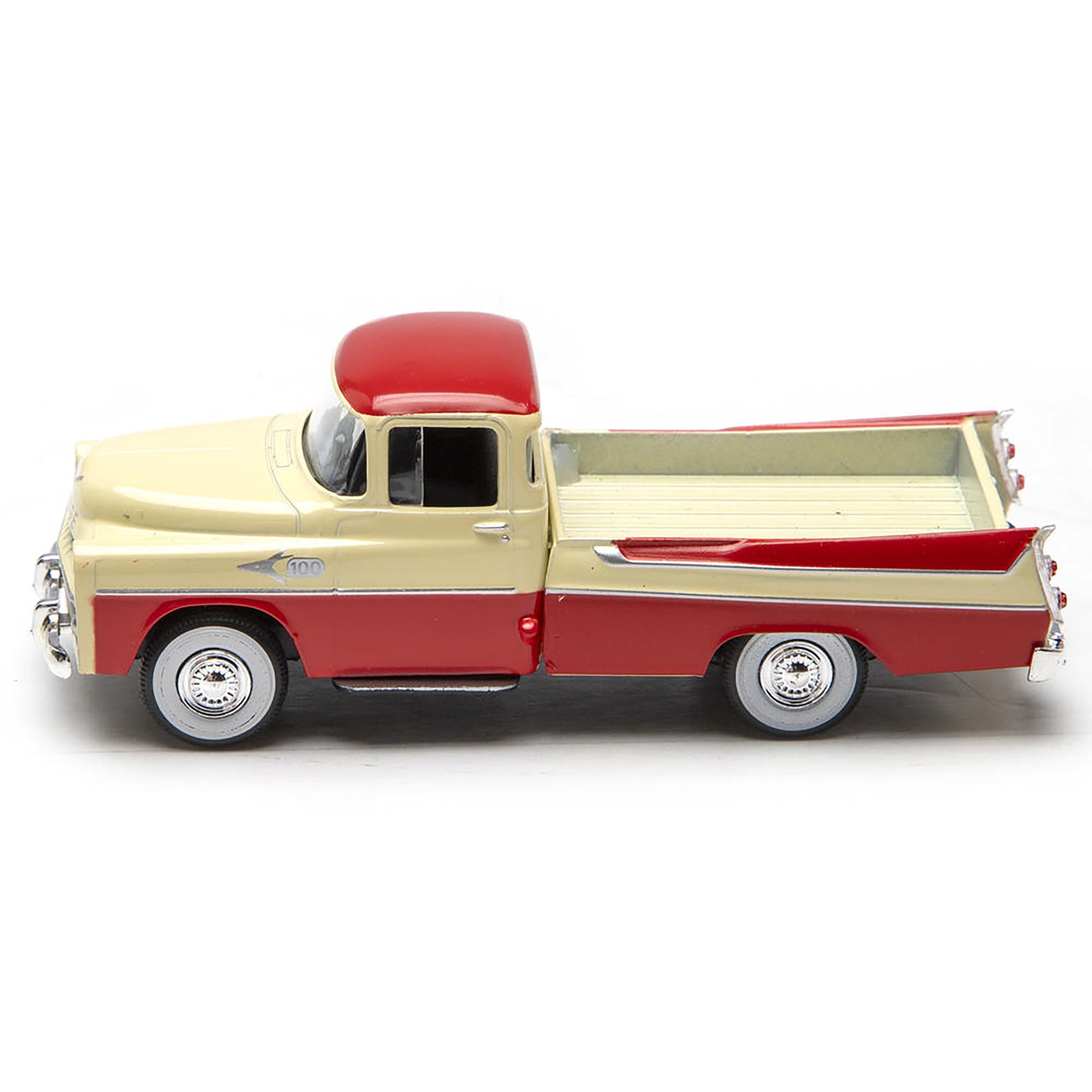 Model of a red and beige truck on a white background