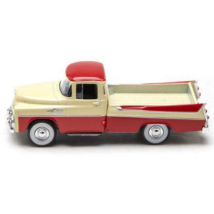 Model of a red and beige truck on a white background