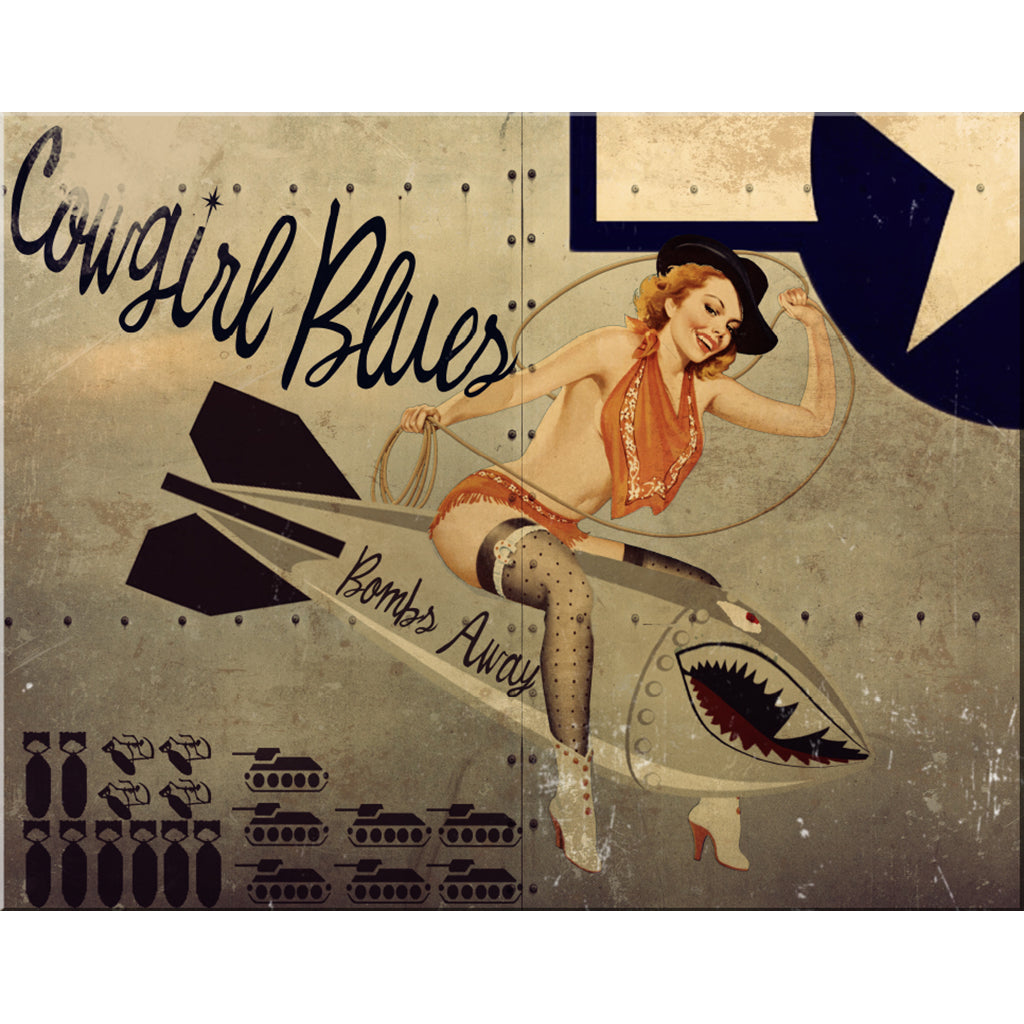 Vintage-style poster with a woman on a bombshell, text 'Cowgirl Blues Bombs Away', and airplane design.