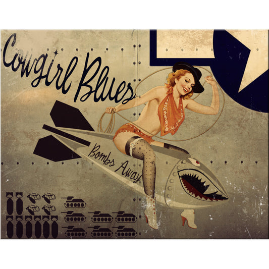 Vintage-style poster with a woman on a bombshell, text 'Cowgirl Blues Bombs Away', and airplane design.