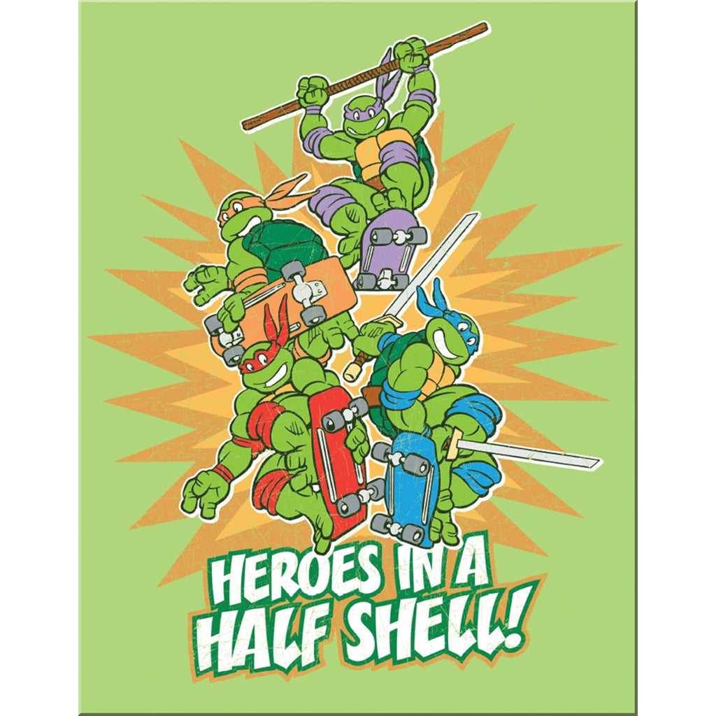 Tin Sign with a Print of the Teenage Mutant Ninja Turtles In Comic Style with Heroes in a Half Shell! Text
