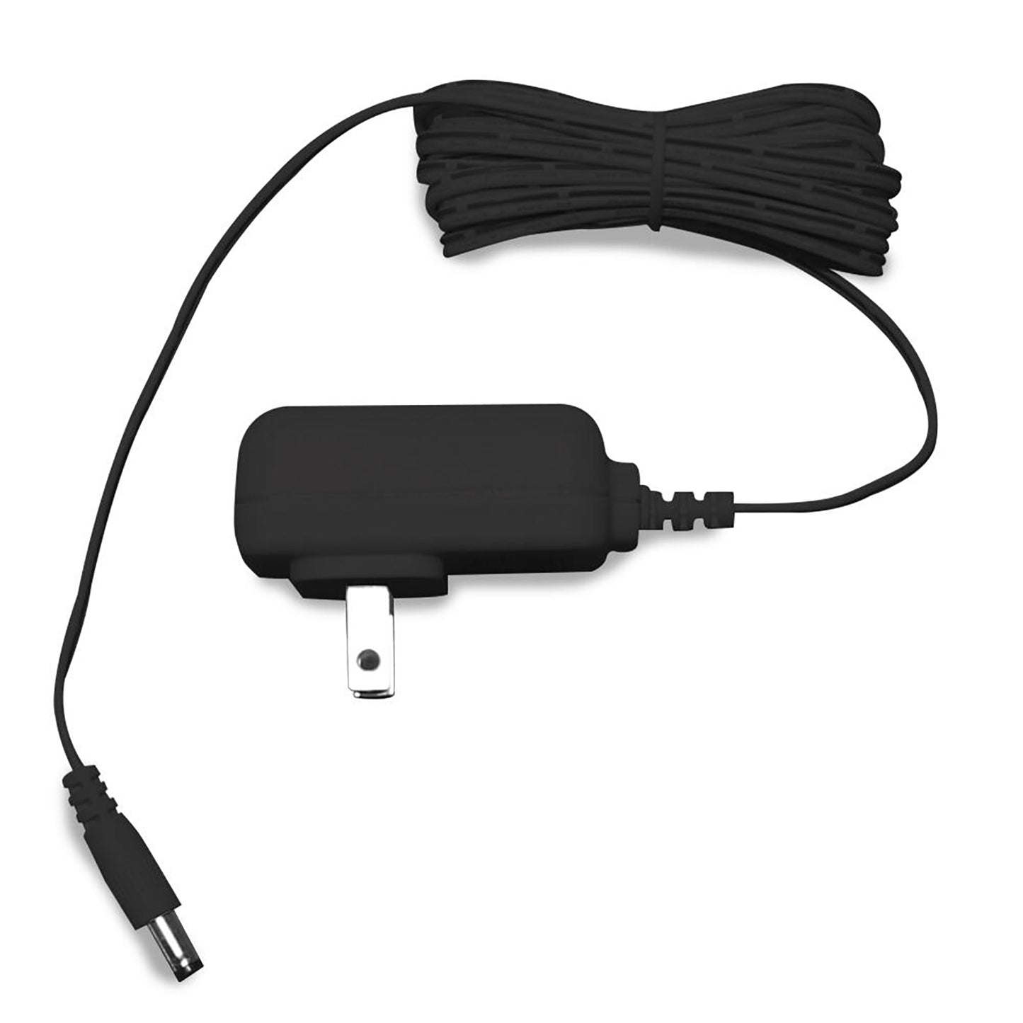 Black power adapter with a coiled cable on a white background