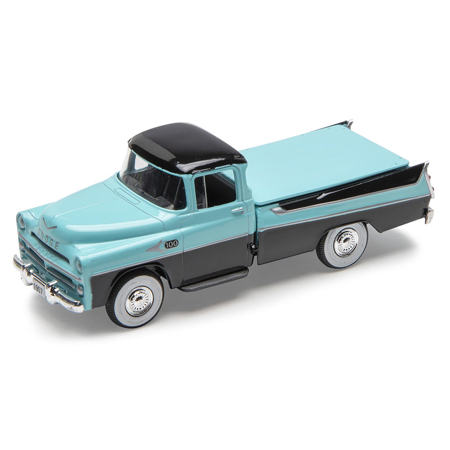 Model of a vintage turquoise and black truck on a white background