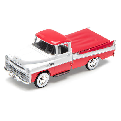 Model of a red and white truck on a white background