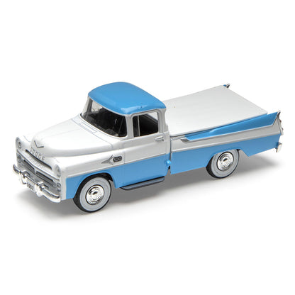 Model of a blue and white truck on a white background